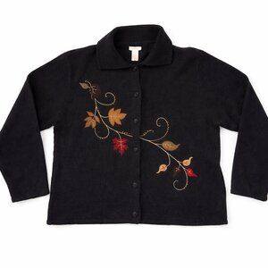 Vintage Black Embroidered Leaf Vine Knit Cardigan Fall Botanical Cottagecore XL